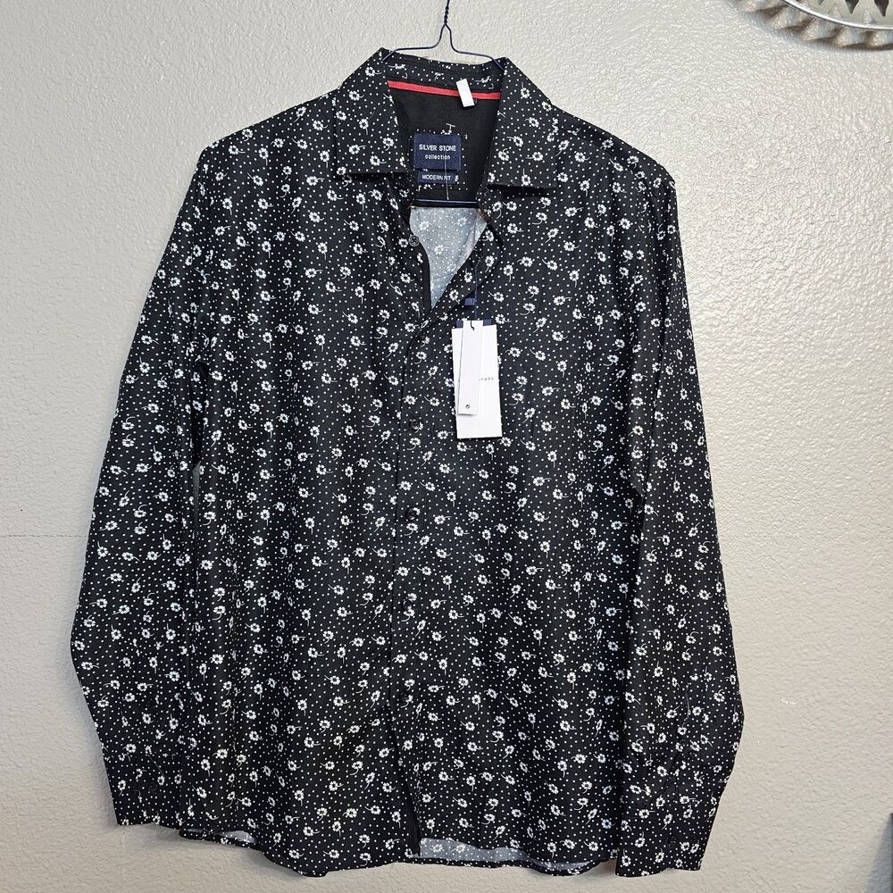 NWT Silver Stone Modern Fit Floral Polka Dot Button Up Shirt Men's L Black FF783